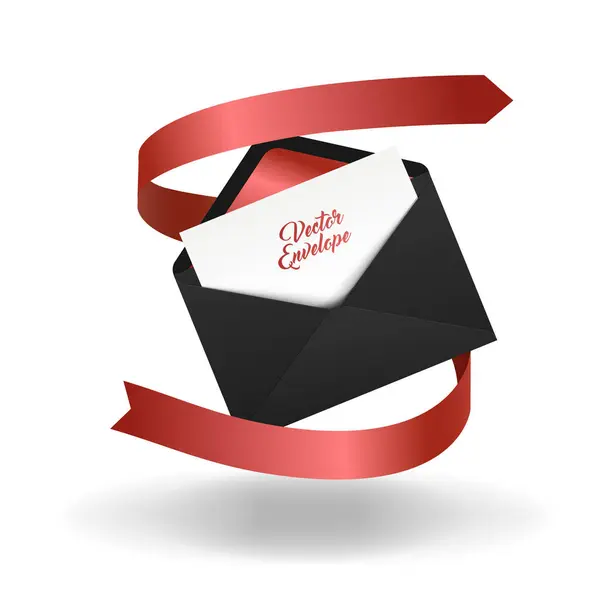 Vector Envelope Open Black Envelope Invitation Card Red Ribbon Marriage — Stock Vector