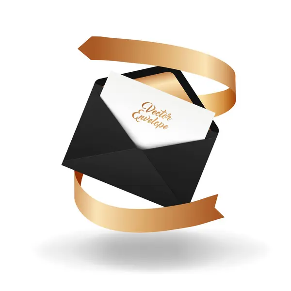 Vector Envelope Open Black Envelope Invitation Card Gold Ribbon Marriage — Stock Vector