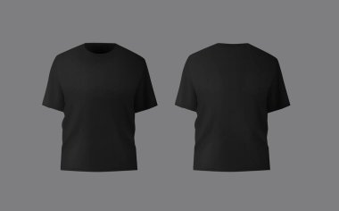 Temel siyah erkek tişörtü gerçekçi bir maket. Ön ve arka manzara. Moda kıyafetleri için boş tekstil baskı şablonu.