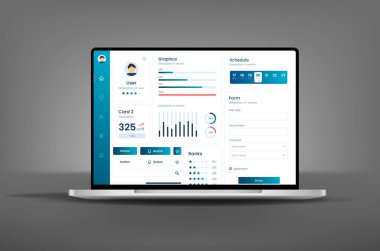 Dizüstü bilgisayardaki analiz panelinin kullanıcı arayüzü. UX UI tasarımı. Elektronik cihazlarda kullanılabilirlik bilgisayarı. Verimli veri yönetimi ve izleme tabloları.