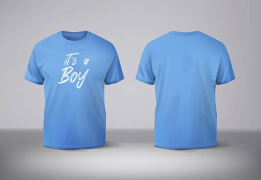 O bir erkek. Cinsiyet kıyafetleri gösterir. Boş mavi tişört. Ön ve arka modeller..