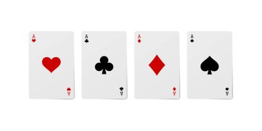 Poker ve kumar için kağıt oynamak, beyaz yolda izole edilmiş üç as, kırpma yolu..
