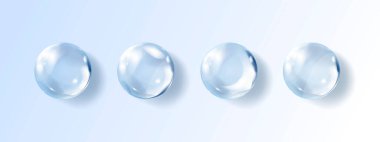 Şeffaf hyaluronik asit kabarcıkları. Kolajen damlalarını temizleyin. Kozmetik serumu. Cilt bakım ürünü. Vektör illüstrasyonu