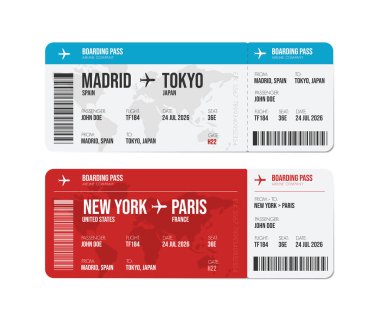 Uçak bileti tasarımı. Yolcu adı ve gideceği yer yazılı uçak bileti. Seyahat, seyahat ya da iş gezisi konsepti.