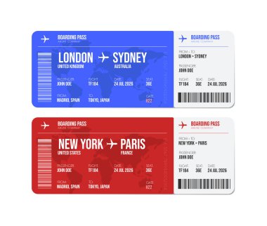 Uçak bileti tasarımı. Yolcu adı ve gideceği yer yazılı uçak bileti. Seyahat, seyahat ya da iş gezisi konsepti.