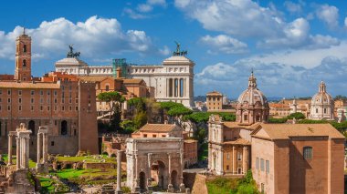 Ancient ruins, classical monuments, renaissance tower and baroque domes in the historical center of Rome  clipart