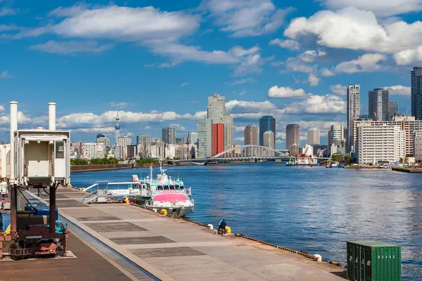 Tokyo, Japonya, 21 Ekim 2023 - Takeshiba İskelesi panoramik terasından Tokyo Körfezi, Sumida Nehri ve Skytree manzarası