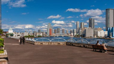 Tokyo, Japonya, 21 Ekim 2023 - Takeshiba İskelesi panoramik terasından Tokyo Körfezi, Sumida Nehri ve Skytree manzarası