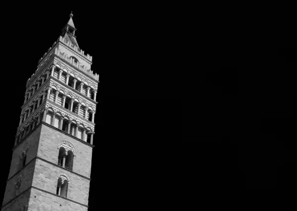 stock image Pistoia cathedral medieval bell tower, a city landmark, erected in the 12th century (Black and White with copy space)