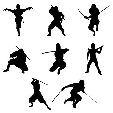 Çeşitli pozlardaki ninja siluetleri dövüş stili ve duruşlarını gösteriyor
