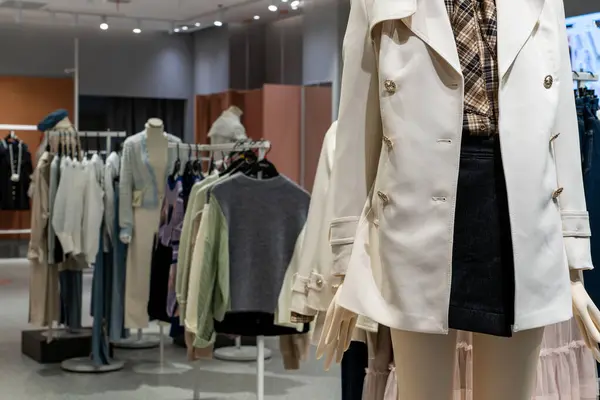 Alışveriş merkezinde giysileri olan bir mağaza. Alışveriş merkezinde alışveriş. Kıyafet satışı.