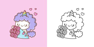 Clipart Unicorn 'u çok renkli ve siyah beyaz ayarla. Kawaii Clip Art Unicorn. Giysiler, Çıkartmalar, Bebek Duşu, Renkli Sayfalar İçin Bir Kawaii Hayvanının Vektör ResmiComment.