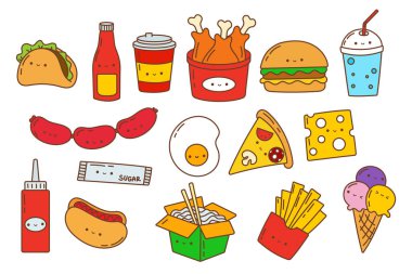 Kawaii Fast Food Set. Şirin Kawaii Yemek Resimleri Koleksiyonu. Tüm görüntüler Kawaii tarzında yapılmıştır. Etiketler, Bebek Duşu, Giysiler İçin Parmak İzleri İçin Kawai Yemeklerinin Vektör İllüstrasyonu