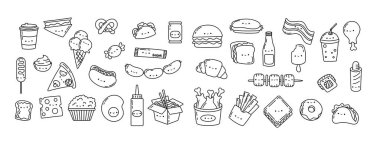 Kawaii Fast Food Renklendirme Sayfasını Ayarla. Şirin Kawaii Fast Food Çizimleri Koleksiyonu. Renk Sayfası için Kawaii Gıda, Boyama Kitabı, Giysiler için İzler.