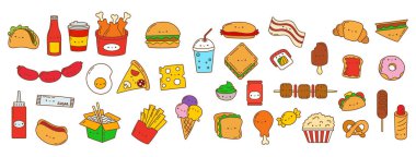 Kawaii Fast Food Set. Şirin Kawaii Yemek Resimleri Koleksiyonu. Tüm görüntüler Kawaii tarzında yapılmıştır. Etiketler, Bebek Duşu, Giysiler İçin Parmak İzleri İçin Kawai Yemeklerinin Vektör İllüstrasyonu