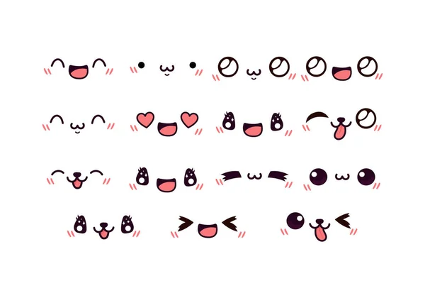 Zestaw Kreskówek Kawaii Face Set Kolekcja Cute Kawaii Emoji Ilustracje — Wektor stockowy