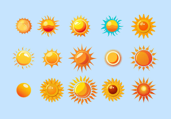 Set of Sun Illustrations. Collection of Cute Sun Illustrations. All images are made in cartoon style. Vector Illustration of a Sun for Stickers, Baby Shower, Prints for Clothes.