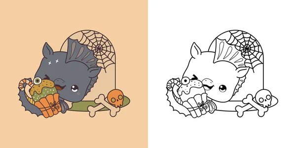 Kawaii Clipart Halloween Sea Horse Illustrazione Colorazione Pagina Divertente Animale — Vettoriale Stock