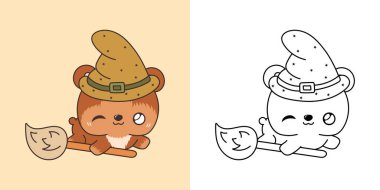 Kawaii, Cadılar Bayramı Ayı İllüstrasyonu ve Renklendirme Sayfası için Tırman. Komik Kawaii Cadılar Bayramı Hayvanı. Cadılar Bayramı 'nın Şirin Vektör İllüstrasyonu Kawaii Cadı Kostümlü Hayvan. 