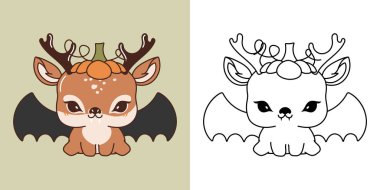 Kawaii Cadılar Bayramı Geyiği Clipart Çok Renkli ve Siyah-Beyaz. Tatlı Kawaii Cadılar Bayramı Hayvanı. Kawaii Cadılar Bayramı Hayvanı 'nın Vampir Kostümü İçinde Şirin Vektör İllüstrasyonu. 
