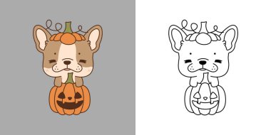 Kawaii Clipart Halloween French Bulldog Dog Illustration and For Coloring Page. Funny Kawaii Halloween Puppy. Cute Vector Illustration of a Kawaii Halloween Animal Inside a Pumpkin.  clipart