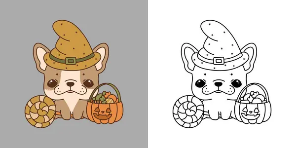 Cute Halloween French Bulldog Clipart Coloring Page Illustration Happy Clip — стоковый вектор