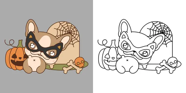 Cartoon Halloween Bulldog Francese Cane Clipart Colorazione Pagina Illustrazione Happy — Vettoriale Stock