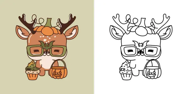 Kawaii Clipart Halloween Deer Coloring Page Забавное Хеллоуинское Животное Кавайи — стоковый вектор