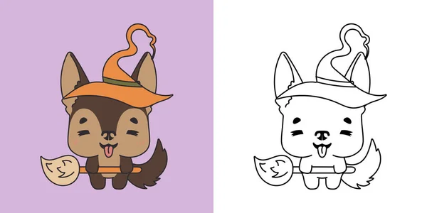 Cute Halloween German Shepherd Dog Clipart Ilustração Preto Branco Kawaii — Vetor de Stock