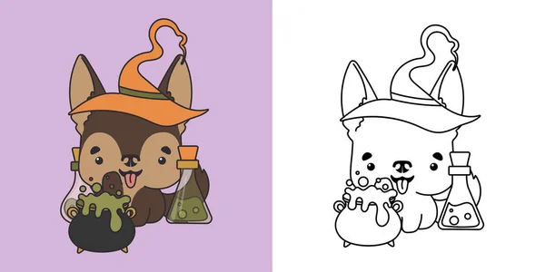 Set Clipart Halloween Pastore Tedesco Disegno Colorare Cani Illustrazione Colori — Vettoriale Stock