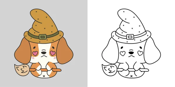 Cute Halloween Beagle Dog Clipart Para Colorir Página Ilustração Happy — Vetor de Stock