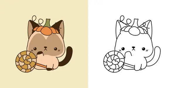 Cute Halloween Siamese Cat Ilustração Para Colorir Página Desenhos Animados —  Vetores de Stock