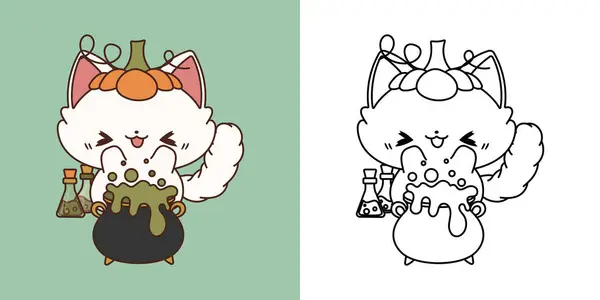 Carino Halloween Ragdoll Cat Illustrazione Colorazione Della Pagina Cartoon Clip — Vettoriale Stock