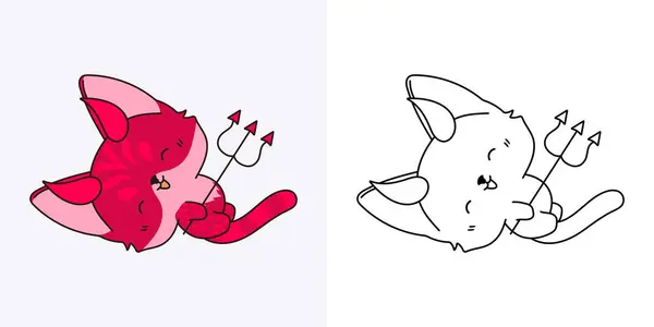 Halloween Kawaii Bengal Cat Coloring Page Illustration Adorable Clip Art — Stock Vector