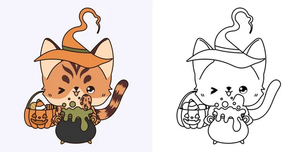 Cartoon Halloween Bengala Cat Clipart Para Colorir Página Ilustração Happy —  Vetores de Stock