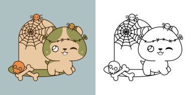 Clipart Halloween Hamster Çok Renkli ve Siyah-Beyaz. Şirin Klip Sanatı Cadılar Bayramı Hayvanı. Kawaii Cadılar Bayramı Kemirgeninin Zombi Kostümü İçinde Şirin Vektör İllüstrasyonu. 