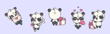 Kawaii Panda Çizimleri. Şirin Vektör Koleksiyonu İzole Edilmiş Ayı Resimleri. Aşık Şirin Vektör Hayvanlar 