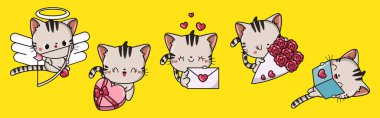 Kawaii Kedi Resimleri seti. Şirin Vektör Koleksiyonu Kitty Illustrations 'ı izole etti. Aşık Şirin Vektör Hayvanlar 