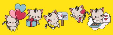 Vektör Kedi Sanatı Koleksiyonu. İzole Kedicik Clipart Illustration seti. Aşık Şirin Vektör Hayvanlar 