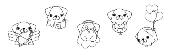 Zestaw Kawaii Pug Dog Kolorowanie Strony Ilustracje Kolekcja Cute Vector — Wektor stockowy