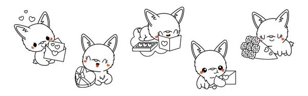 Set Kawaii Corgi Dog Coloring Page Illustrations Collection Cute Vector — Stock Vector