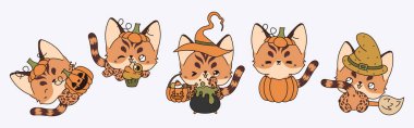 Kawaii Cadılar Bayramı Bengal Kedisi seti. Şirin Vektör Cadılar Bayramı Kedi Resimleri Koleksiyonu. 