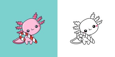 Kawaii Clipart Christmas Axolotl Illustration ve For Coloring Page. Komik Kawaii Xmas amfibisi. Noel Çıkartmaları İçin Bir Kawaii Deniz Hayvanı Komik Vektör İllüstrasyonu. 