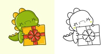 Clipart Christmas Dino Çok Renkli ve Siyah-Beyaz. Şirin Klip Sanatı Yeni Yıl Dinozoru. Xmas Çıkartmaları İçin Bir Kawaii Hayvanı Şirin Vektör İllüstrasyonu. 