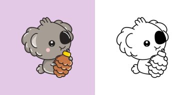 Clipart Christmas Koala Çok Renkli ve Siyah-Beyaz. Sevimli Kek Sanatı Yeni Yıl Hayvanı. Xmas Çıkartmaları için Kawaii Koala 'nın Şirin Vektör İllüstrasyonu. 