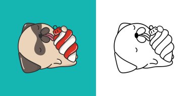 Şirin Noel Pug Dog Illustration ve Boyama Sayfası. Çizgi film etiketleri yeni yıl köpeği. Xmas Çıkartmaları için Kawaii Pug 'ın Güzel Vektör İllüstrasyonu. 