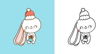 Kawaii Vektör Xmas Tavşanı Çok Renkli ve Siyah-Beyaz. Güzel Clip Art Noel Tavşanı. Yeni Yıl Çıkartmaları için Bir Kawaii Tavşanı Çizgi Filmi Vektör İllüstrasyonu. 