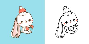 Şirin Noel Tavşanı Clipart İllüstrasyonu ve Siyah-Beyaz. Komik Klip Sanatı Noel Tavşanı. Noel Çıkartmaları İçin Bir Kawaii Tavşanı Şirin Vektör İllüstrasyonu. 