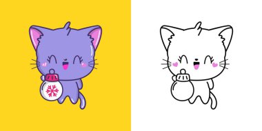 Kawaii Yeni Yıl Kedisi Zirvesi Çok Renkli ve Siyah-Beyaz. Tatlı Kawaii Noel Evcil Hayvanı. Noel Çıkartmaları İçin Bir Kawaii Hayvanı Sevimli Vektör İllüstrasyonu. 