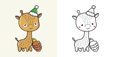 Kawaii Yeni Yıl Zürafası Clipart Çok Renkli ve Siyah-Beyaz. Şirin Kawaii Noel Hayvanat Bahçesi Hayvanı. Noel Çıkartmaları İçin Bir Kawaii Hayvanı Sevimli Vektör İllüstrasyonu. 